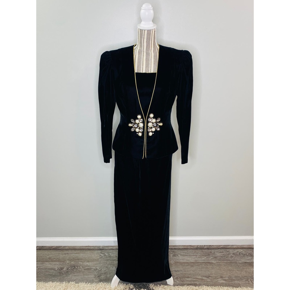 Vintage Patra Black Velvet Jeweled Blazer Skirt Set Womens 13/14 Formal Cruise